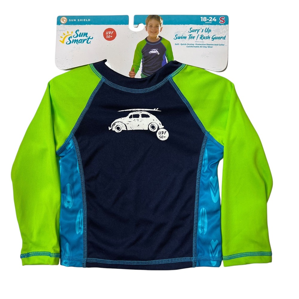 Sun Smart Boy's Rash Guard Swim Tee‎ UPF 50+ Surf Car Graphic 18-24 (Months) S